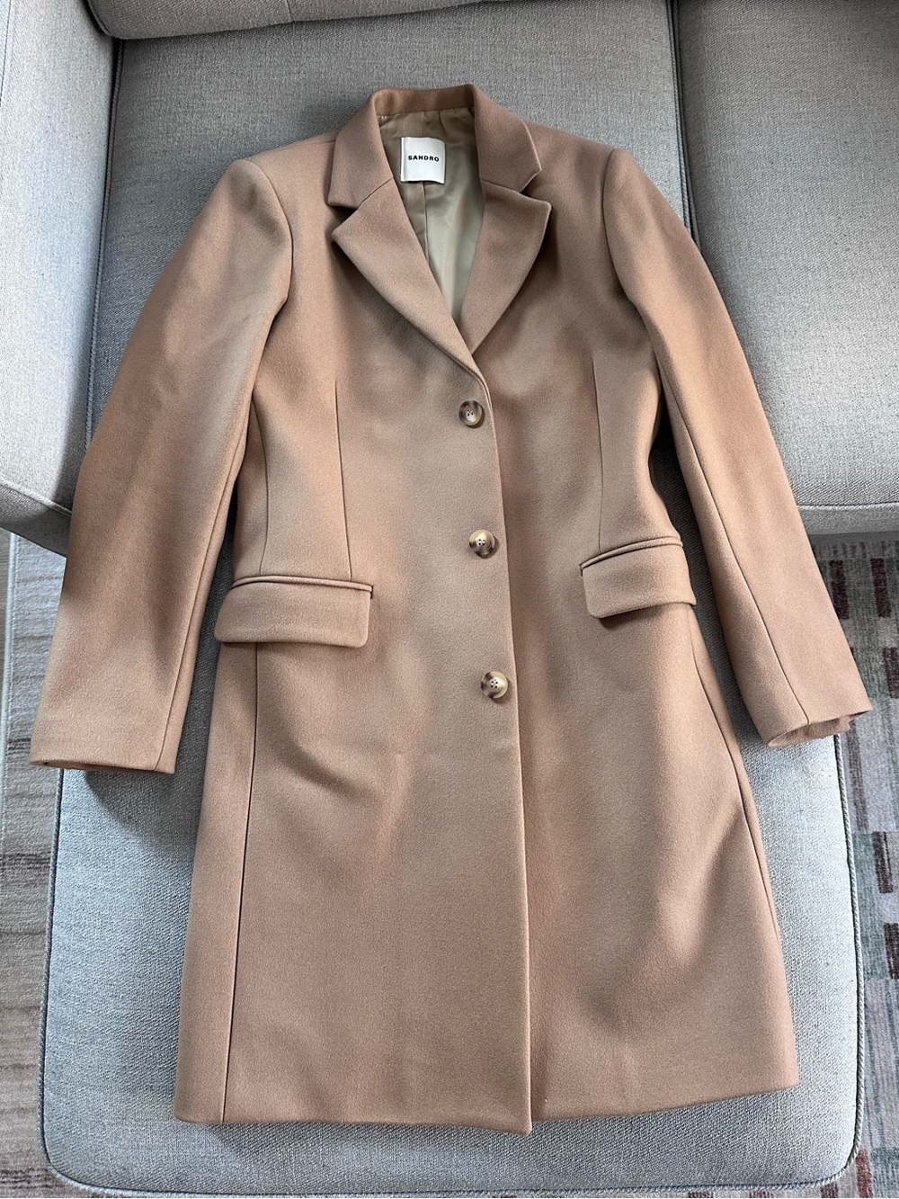 Sandro Men’s Wool Broadcloth Coat Camel Beige Small